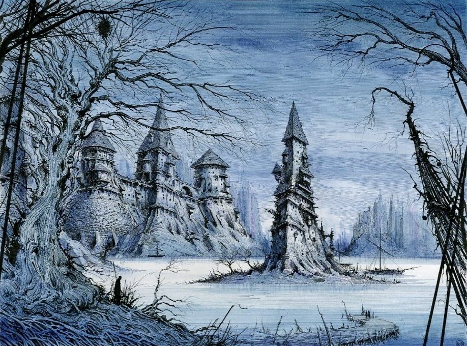 Warhammer Fantasy Cities and Castles by Ian Miller.
All credit goes to the artist.

Middenheim, the City of the White Wolf; the free city of Kemperbad; Vissenburg; Vilimberg.