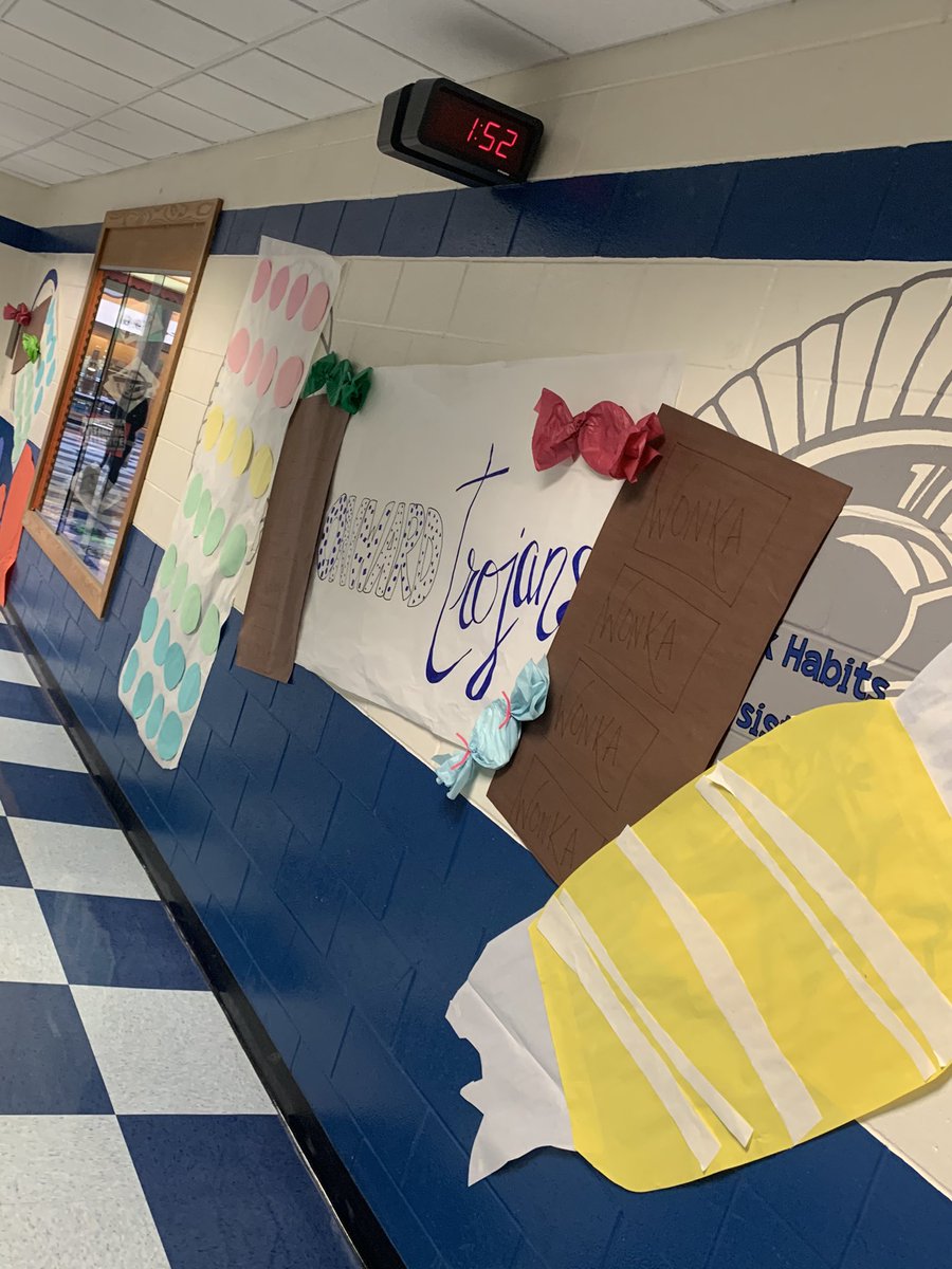 JtaPrincipal's tweet photo. JTA staff went all out for our kids today welcoming them back! The building was transformed into Willie Wonka’s Chocolate Factory!  #WelcomeBackHCS #WelcomeBackJTA @HardinCoSchools https://t.co/hz1HOixiD3