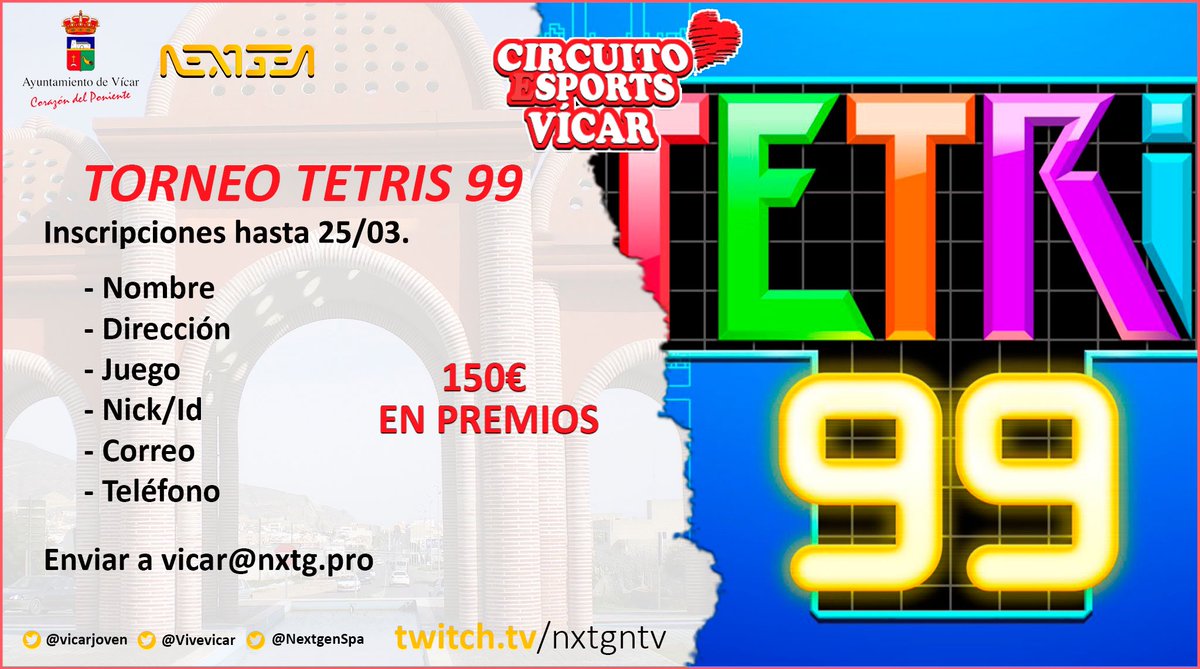 ¡Dad la bienvenida al I Circuito Vícar eSports! 3 paradas a lo largo del año que culminarán en una cuarta apasionante y con all-stars incluido.
¿Quieres participar? ¡Es gratis! Pero tienes que ser de Almería ☺️.
Envía los datos que se piden en el cartel a vicar@nxtg.pro y compite