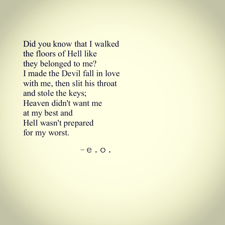 killedoffmymuse's tweet photo. You don't have to belong anywhere, you don't have to fit in anywhere; make everywhere you go YOURS and don't prepare anyone for the coming of YOU- they don't deserve it
From the "Demons" section of the "Gods &amp; Demons" #poetry collection, available on #Amazon #WritingCommunity https://t.co/TLR6E79X1m