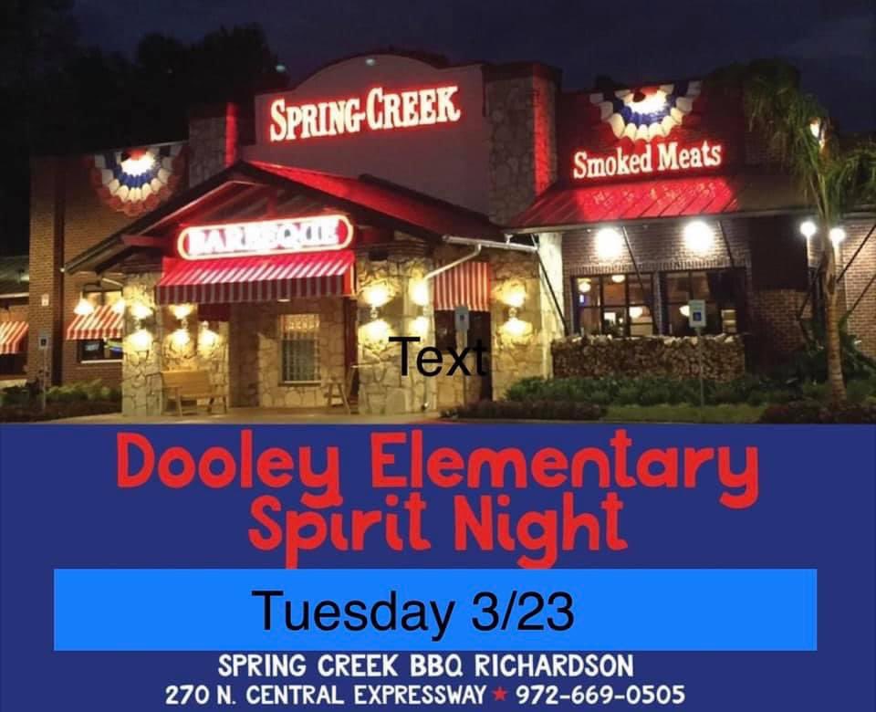 KinderDooley's tweet photo. We have got you covered for dinner plans this week. 

Tuesday, join teachers from 5-9 @ Spring Creek BBQ in Richardson. Dine in &amp; carry out support Dooley PTA!

Thursday is our monthly Sonic Spirit Night in Murphy from 5-9!  Sonic cards are still available for $5 in the office. https://t.co/15Oy7ORHLF