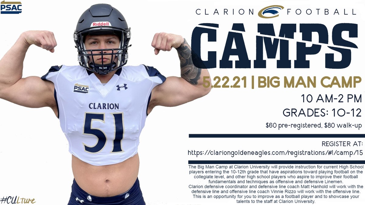 ClarionFootball's tweet image. Calling all Class of 2022, 2023, 2024 Offensive &amp;amp; Defensive Linemen: 

Here is a great opportunity to show case your talents at our Big Man Camp❕

📅: May 22
⏰: 10 AM
🏟️: Memorial Stadium
📍: Clarion, PA

🔗: clariongoldeneagles.com/registrations/…

#EagleVi21on | #CUlture