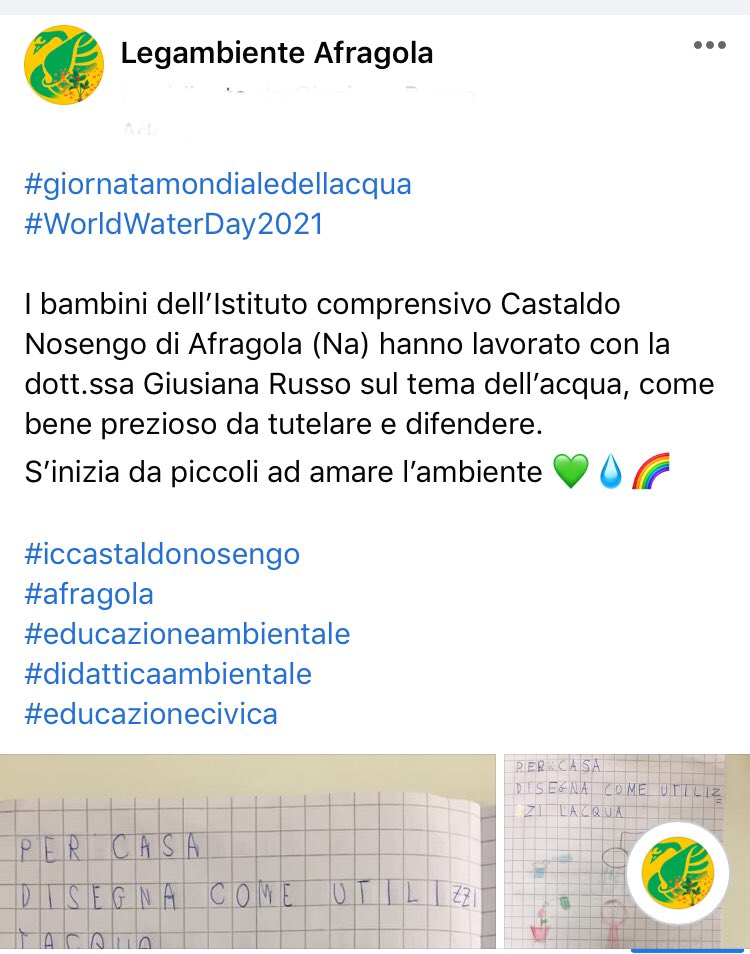 LegambienteAfr's tweet photo. #giornatamondialedellacqua 
#WorldWaterDay2021
I bambini dell’IC Castaldo Nosengo di Afragola (Na) hanno lavorato con la dott.ssa Giusiana Russo sul tema dell’acqua, come bene prezioso da tutelare e difendere.#iccastaldonosengo
#afragola
#educazioneambientale
#didatticaambientale https://t.co/FDTfpsCUhd