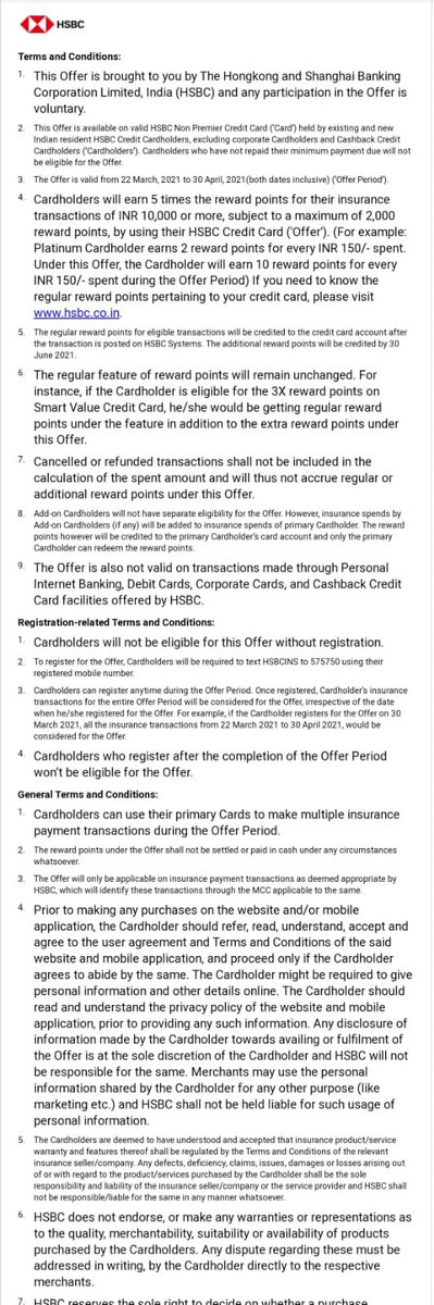 pramodlord's tweet photo. Get 5X Reward Points on Insurance Premium Payments using your @HSBC_IN Credit Cards
Register Now: SMS HSBCINS to 575750
Max Points: 2000
Min Premium Amount: ₹10000
Offer Period: 22-Mar to 30-Apr 21
Fulfilment: 30-Jun
HSBC Cards offer on Insurance Payment
#cardnpoints #HSBC https://t.co/FhZz3asjaA