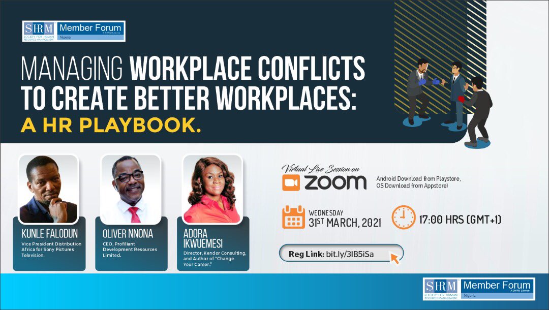 SHRMNigeria's tweet photo. #Workplaceconflicts will continue to rise even with remote work being the new normal. 

Join this special webinar titled Managing Workplace Conflicts To Create Better Workplaces: A HR Playbook

Registration is open:https://t.co/TSbsUjDPEy

SHRM Recertification credit: 2
#shrm https://t.co/CvsVzl7lIY
