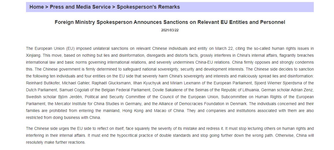 So I am on the Chinese sanction list: banned from entering China (my family too!), from having contacts with Chinese officials or companies,... All of this because I stand for Uyghurs and human rights. Let us be clear: these sanctions are my Medal of Honour. The fight continues!