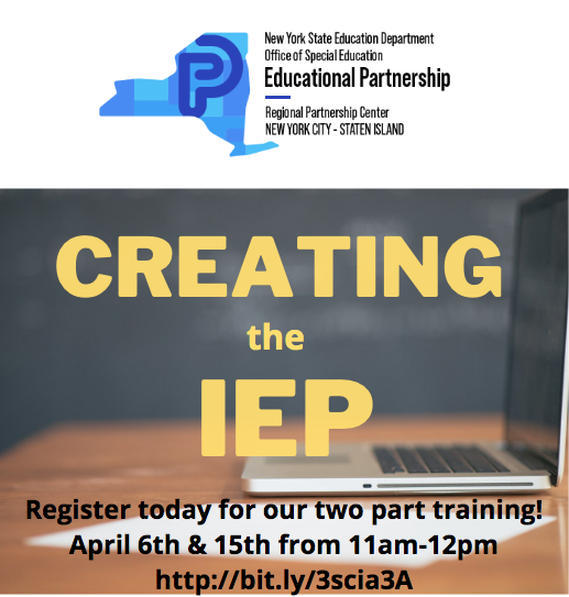 Register today to join the Staten Island Regional Partnership Center &amp; FACE Center for Creating the IEP on April 6th &amp; 15th! bit.ly/3scia3A Feel free to share with IEP Teams!
<a href="/INCLUDEnyc/">INCLUDEnyc</a> @SIBOD31