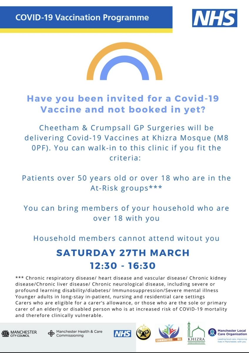 Covid 19 vaccination clinic will be held this Saturday <a href="/KhizraMosque/">Khizra Mosque</a> , 425 Cheetham Hill Rd, Manchester M8 0PF

To book a place please click on the link below or just walk in on the day. 

forms.office.com/Pages/Response…

Please protect yourself, your loved ones and others around you.