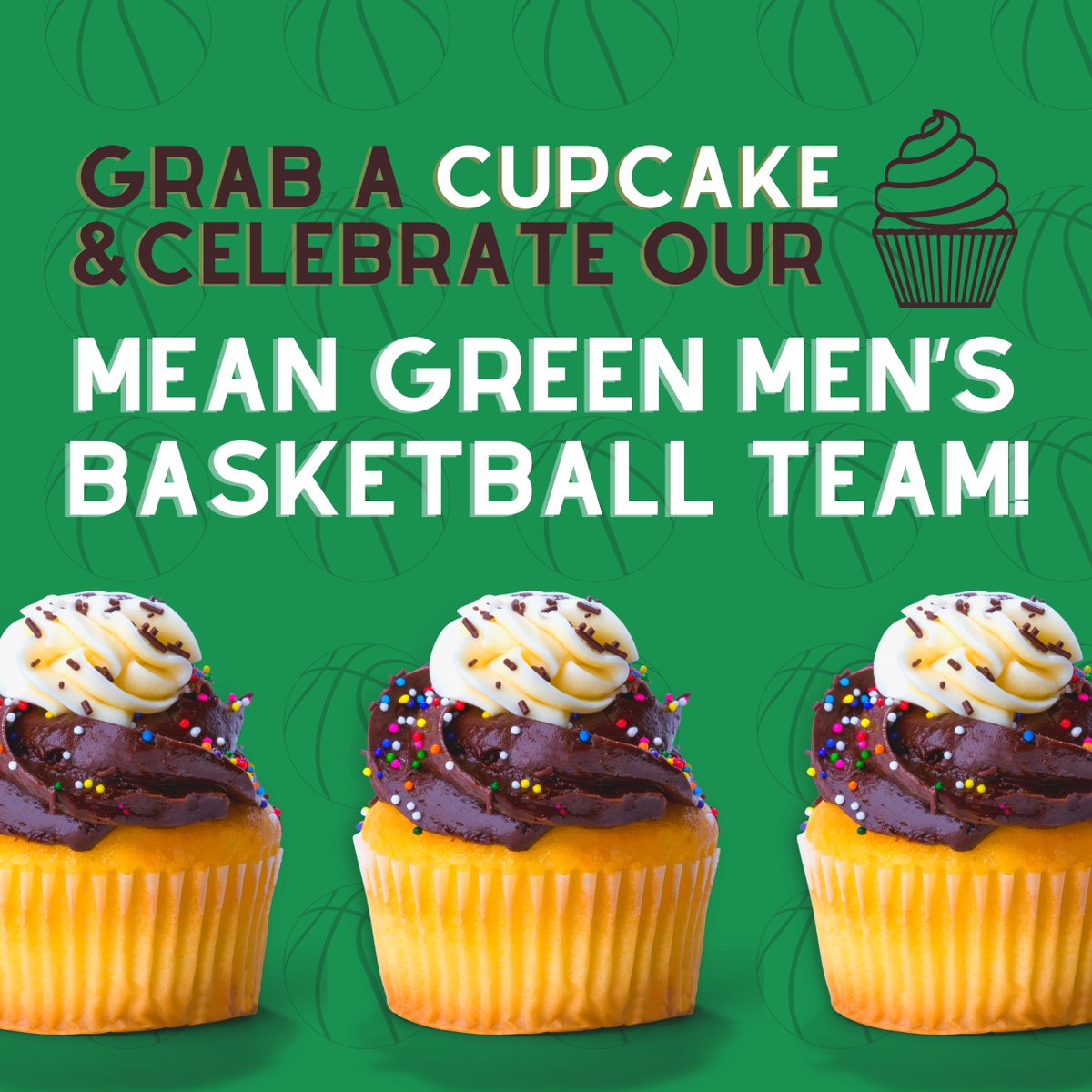UNT_DSA's tweet photo. Come grab a cupcake today at noon at the @UNTUnion information desk to celebrate our @MeanGreenMBB record-breaking win against Purdue Friday night! We are so proud of everything this team accomplished in this year’s NCAA tournament! @UNTsocial #GMG #Breakingbrackets https://t.co/XHWYDN4yFw