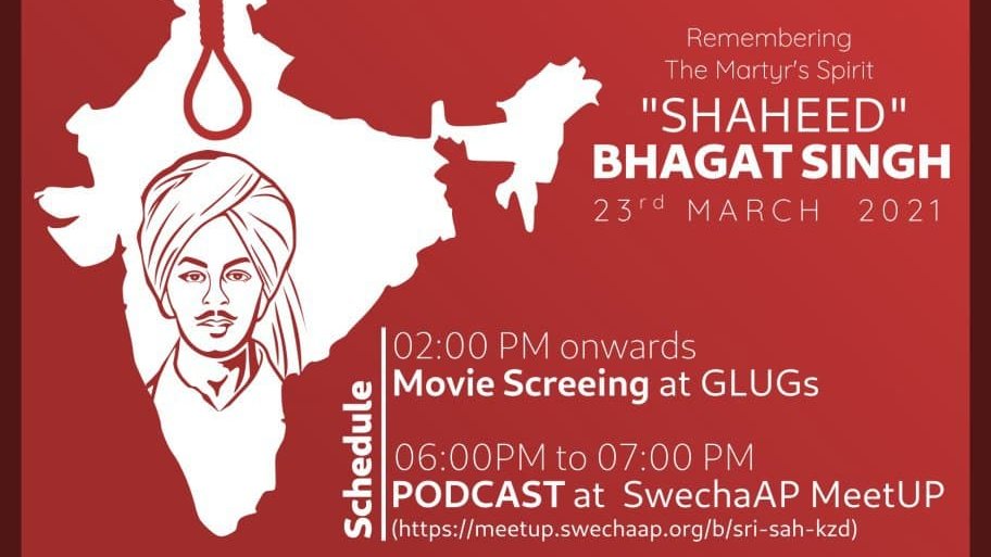 SwechaAP's tweet photo. 23 March, Martyrs' Day: The Day Bhagat Singh, Sukhdev &amp;  Rajguru Lay Down Their Lives For Freedom of our Country

Know the ideas which moved them &amp; lets carry forward the ideals

Join 
1) Movie Screening at 2 PM @ GLUGs

2) Talk/Podcast  at 6 PM to 7 PM
(https://t.co/9Wvfp2ylKv) https://t.co/1YH9ronxpW