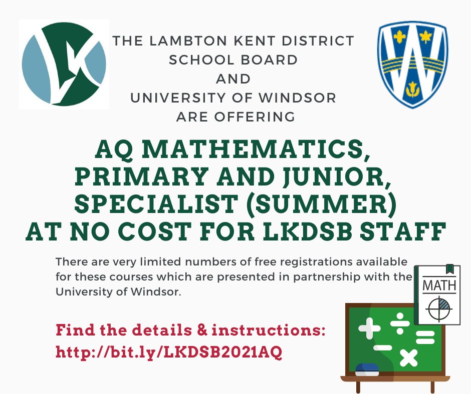 Want to take the Math PJ AQ Specialist this summer?

The <a href="/LKDSB/">Lambton Kent DSB</a> &amp; University of Windsor are offering math AQ courses at no cost for LKDSB staff.

Find the details:
bit.ly/LKDSB2021AQ