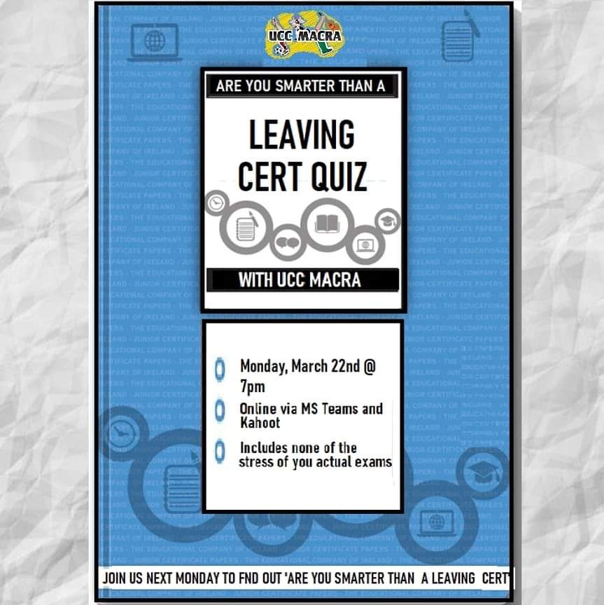 uccmacra's tweet photo. Don't forget our Leaving Cert Quiz tonight!!!! Kicking off at 7pm via MS Teams and Kahoot. Message us for the link!!! https://t.co/R0WafbZ89j