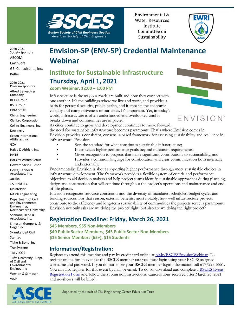 BSCES_EWRI's tweet photo. Deadline to register for the upcoming #Envision webinar is this Friday! Follow link for more info.  https://t.co/YaH9gdoAno #Sustainability #EWRI #BSCES https://t.co/z0JWkRUuCV