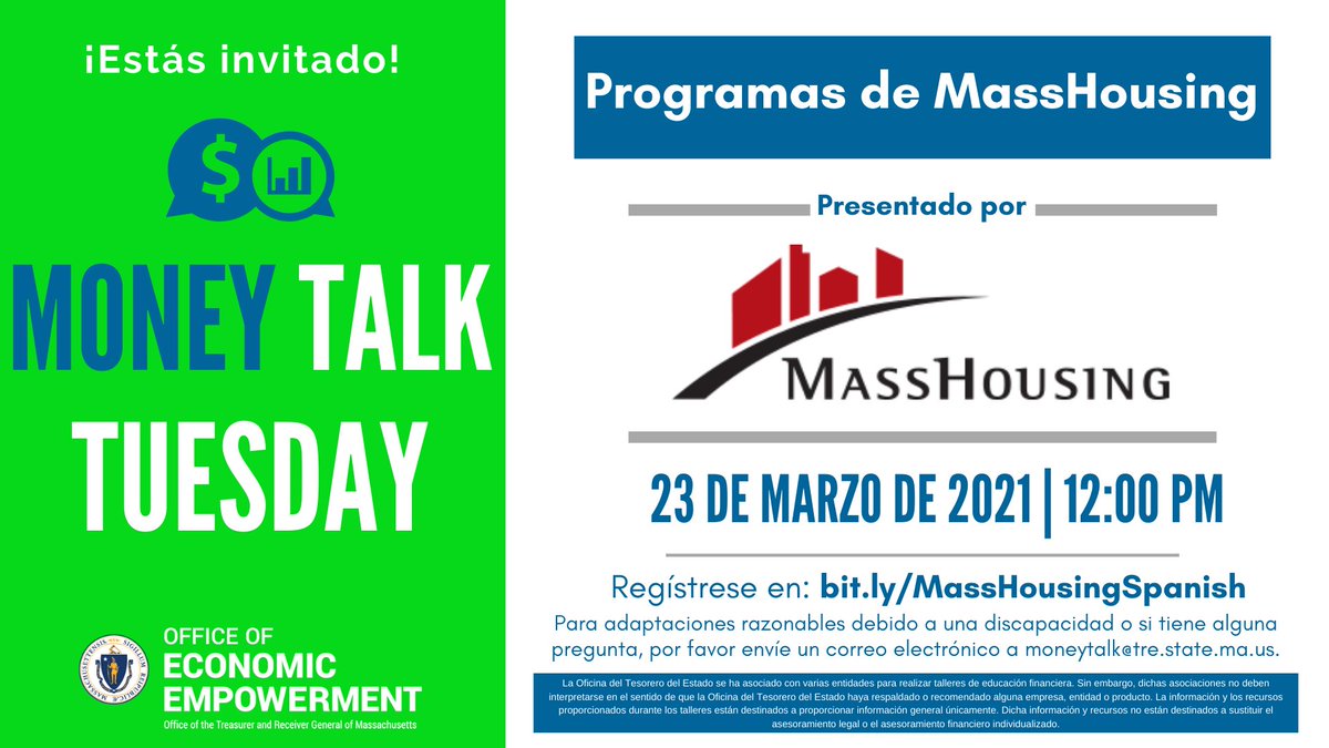 EmpowermentMA's tweet photo. Join us tomorrow for an exciting #MoneyTalkTuesday on home buying!
We are partnering with @MassHousing to discuss (in Spanish) #homebuying and the resources available to you in Massachusetts.
RSVP here: https://t.co/XykmuVOq9P https://t.co/DRbFN6qoQ8