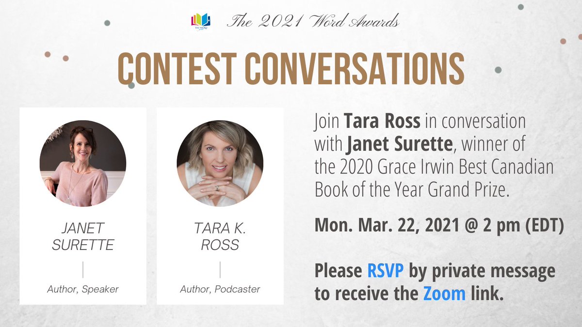 TheWordGuild's tweet photo. LIVE TODAY: Join Tara Ross in conversation with Janet Surette, whose book "Scarlett’s Spectacles" won at The 2020 Word Awards! #twa2021 #writingcontest Please RT!
➤ When: Monday, March 22 at 2:00 p.m. (EDT)
➤ Where: Zoom – Please RSVP by private message to receive the Zoom link https://t.co/99bKD9FNZg