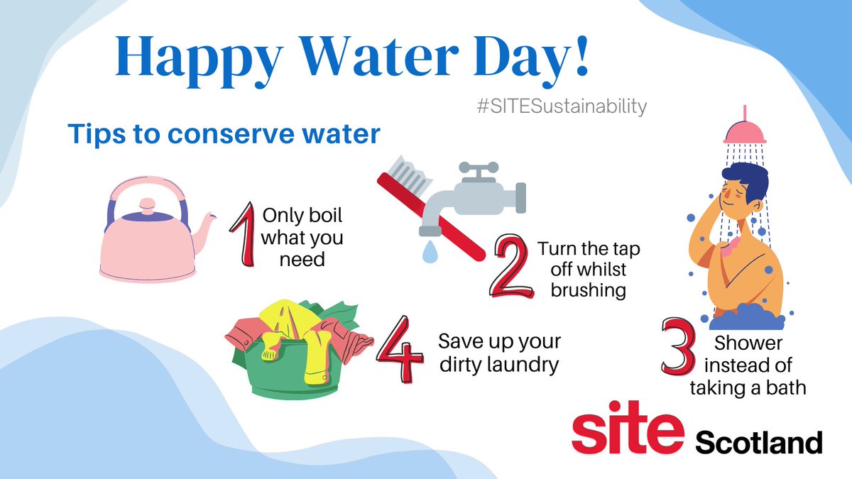 SITEScotYL's tweet photo. Happy Water Day! Our Sustainability plan is to promote sustainable communities, responsible consumption and  educate on sustainability.
Here are 4 great tips that you can use in everyday life to conserve water! 
How do you save water?
#SITESustainability #SITEstrong #SITEunite https://t.co/0pbcc814yH