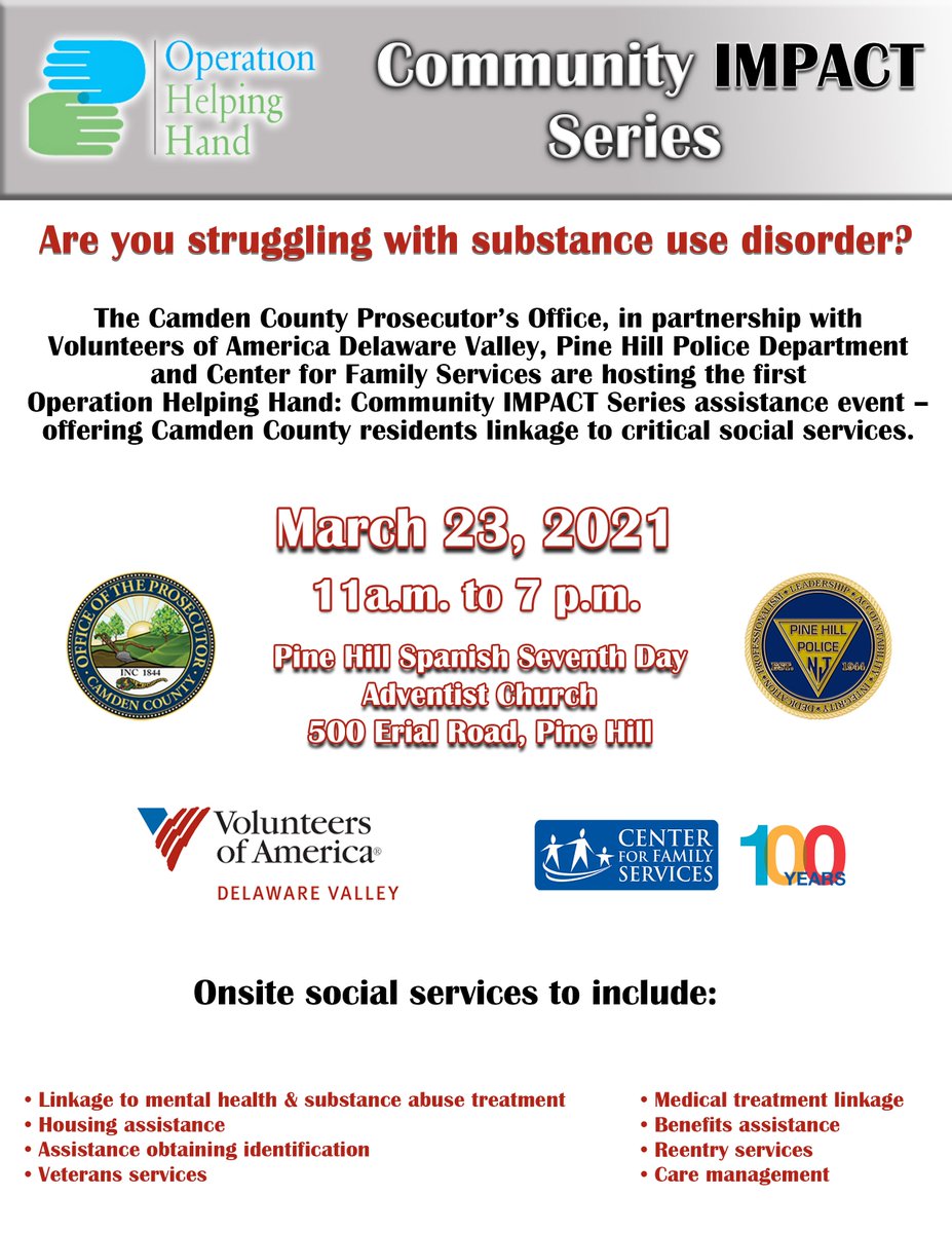 VOADV's tweet photo. #REMINDER: If you or a loved one are struggling with substance use disorder, the @CamdenCoPros is partnering w/ @VOADV, @PineHillPD &amp; @centerffs for the launch of Operation Helping Hand: Community IMPACT Series on Tuesday, 3/23 from 11a.m-7 p.m. https://t.co/NcjajOw2BE