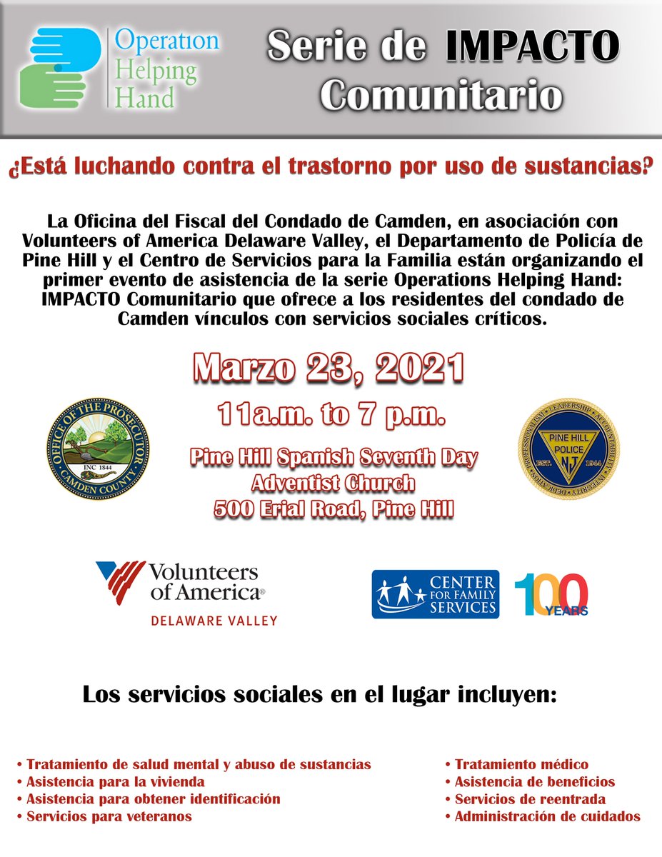 VOADV's tweet photo. #REMINDER: If you or a loved one are struggling with substance use disorder, the @CamdenCoPros is partnering w/ @VOADV, @PineHillPD &amp; @centerffs for the launch of Operation Helping Hand: Community IMPACT Series on Tuesday, 3/23 from 11a.m-7 p.m. https://t.co/NcjajOw2BE