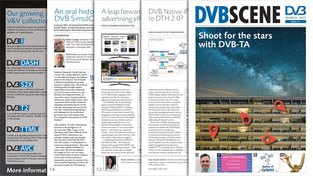 DVB_Project's tweet photo. Plenty of good reading in #DVB Scene 57: Mediaset's tests of standards-based #TargetedAdvertising; DVB's work on new video #codecs and #NativeIP; the latest on DVB-I; memories of #SimulCrypt; DVB_HB; and a whole lot more!
https://t.co/WLf294KDyR https://t.co/Db3TgKqJZh
