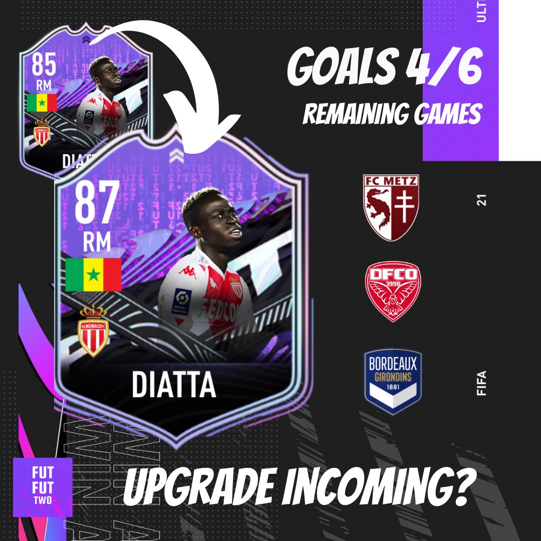 FutFutTwo's tweet photo. Diatta WHATIF upgrade surely coming.. 3 games to score 2 goals! Tasty looking upgrade! #whatif #whatiftracker #fut #fifa21 #fifaultimateteam #diatta #whatifupgrade #monaco #krepindiatta https://t.co/oYiIMCCeBu