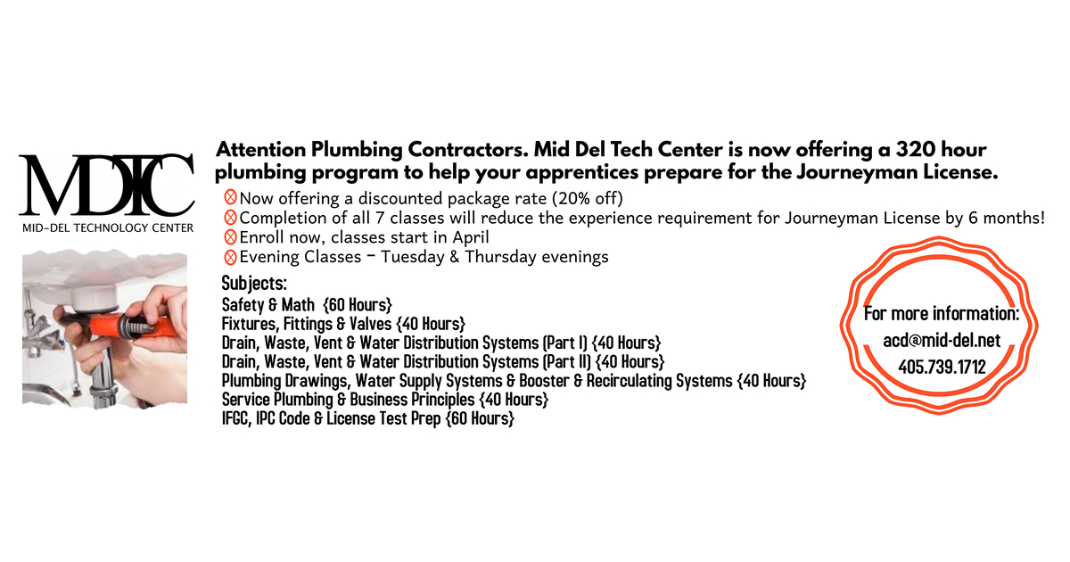 MidDel_Tech's tweet photo. Mid Del Tech now offering a 320 hour Plumbing Program, preparing apprentices for Journeyman licensing. Reserve your spot today! #gototech #mdtc https://t.co/E8mNNJUIcC