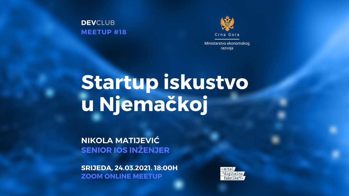 devclubme's tweet photo. 📣📣📣Ponovo se družimo sa vama u srijedu 24.03.2021 u 18h kada je na redu #18 meetup. Naš gost je Nikola Matijević koji će nam pričati o svom Startup iskustvu u Njemačkoj.🚀
Registrujte se na sljedećem linku i družimo se u srijedu veče:
https://t.co/pjAhYMH0OI 🚀 https://t.co/RZ98Y5oGjH