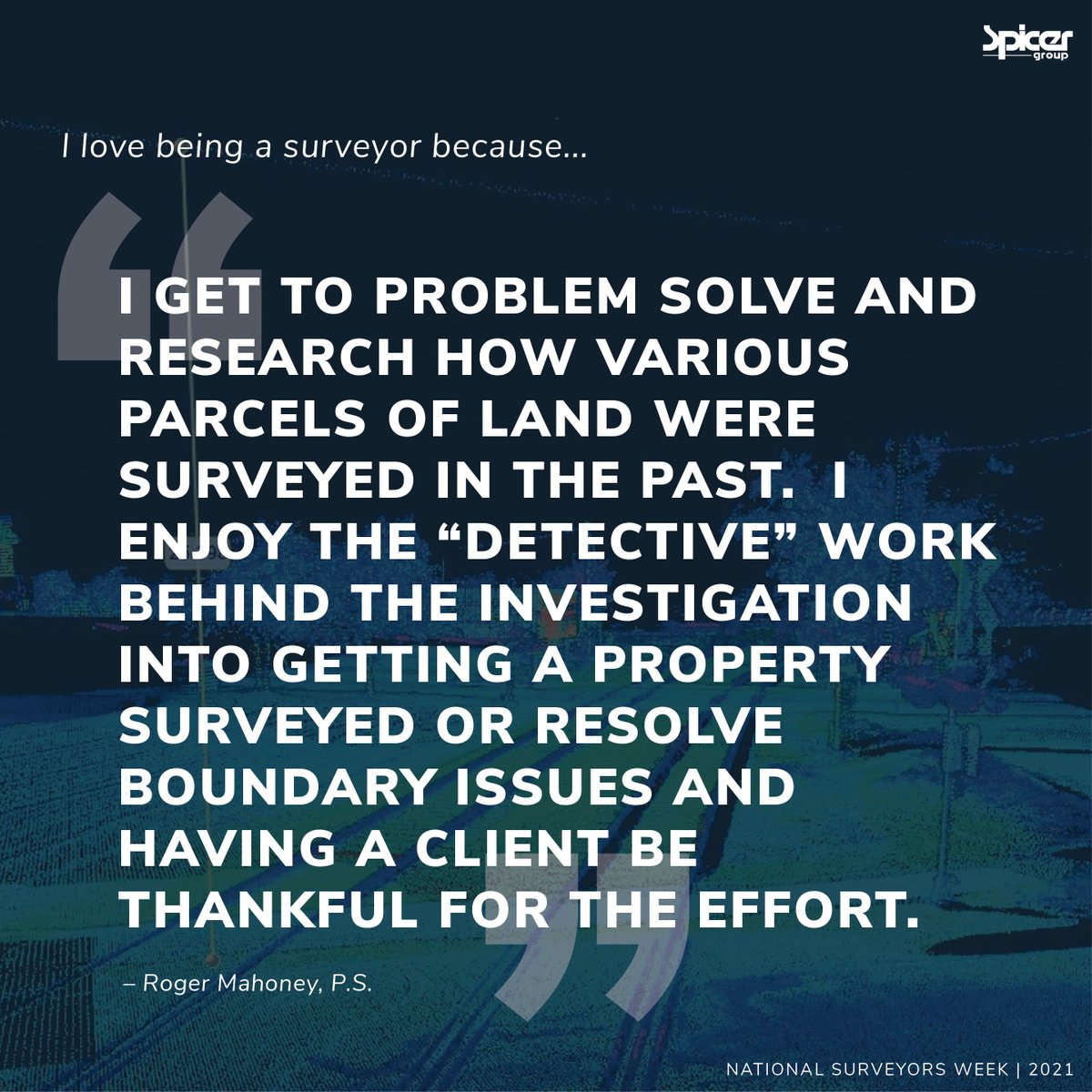 spicergroupinc's tweet photo. It is #NationalSurveyorsWeek! #SpicerGroup has provided professional #surveying services since 1944, and we are proud of our knowledgeable staff who have continued to assist clients throughout the years.
#strongersafersmarter #landsurveyor #lidar #employeeappreciation https://t.co/ghnzIgWg79