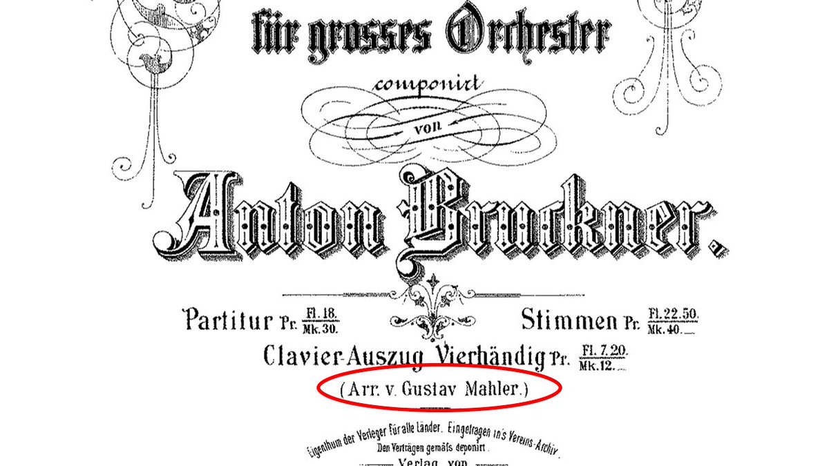 A detail from the cover of the piano 4-hands version of Anton Bruckner's 3rd Symphony that credits the transcriber, a 20 year-old student at the Vienna Conservatory named Gustav #Mahler. In spite of their differences in temperament, Mahler would consider Bruckner a precursor.