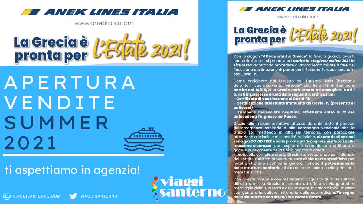 La Grecia è pronta!
APERTURA VENDITA ANEK LINES 🚢⚓
● Traghetti per la Grecia 🇬🇷 ●
Ti aspettiamo in agenzia!
#ioviaggiosanterno #anekitalia #grecia #ioprenotoinagenzia #viaggiare #vacanzesicure #imola #bologna #emiliaromagna #traghetti #aperturavendite