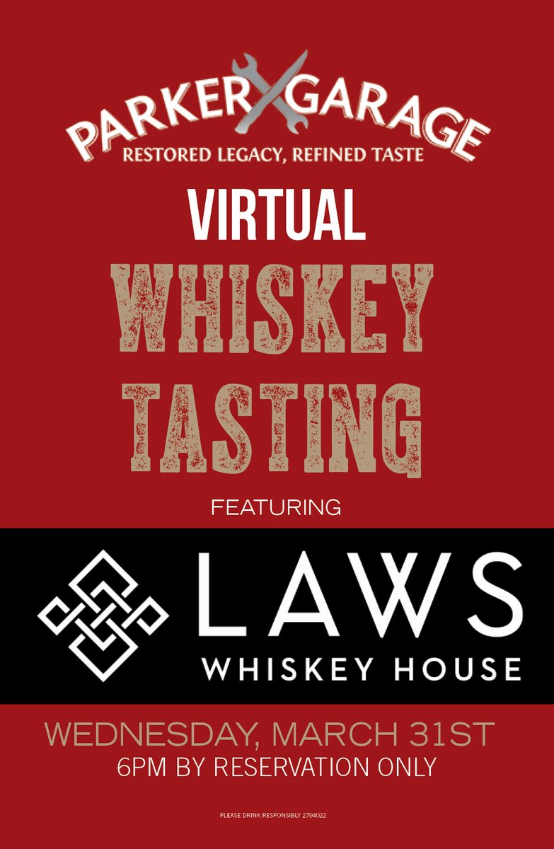 ParkerGarage's tweet photo. Sign up today for our virtual whiskey tasting featuring @lawswhiskey ! Wednesday, March 31st @ 6p.m. For reservations, call 720-389-8105. https://t.co/1y1A9FvTpI