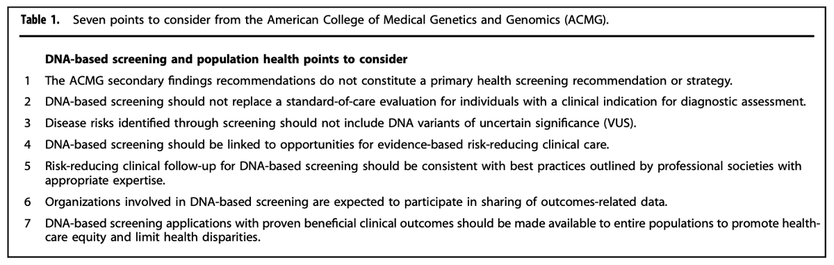 Important statement from <a href="/TheACMG/">ACMG</a> on DNA-based screening + #populationhealth. go.nature.com/3cI3wdY 

Reminders: 
- ACMG #secondaryfindings guidance ≠ primary health screening strategy; 
- Population-level penetrance data still lacking; 
- Efforts to reduce disparities needed.