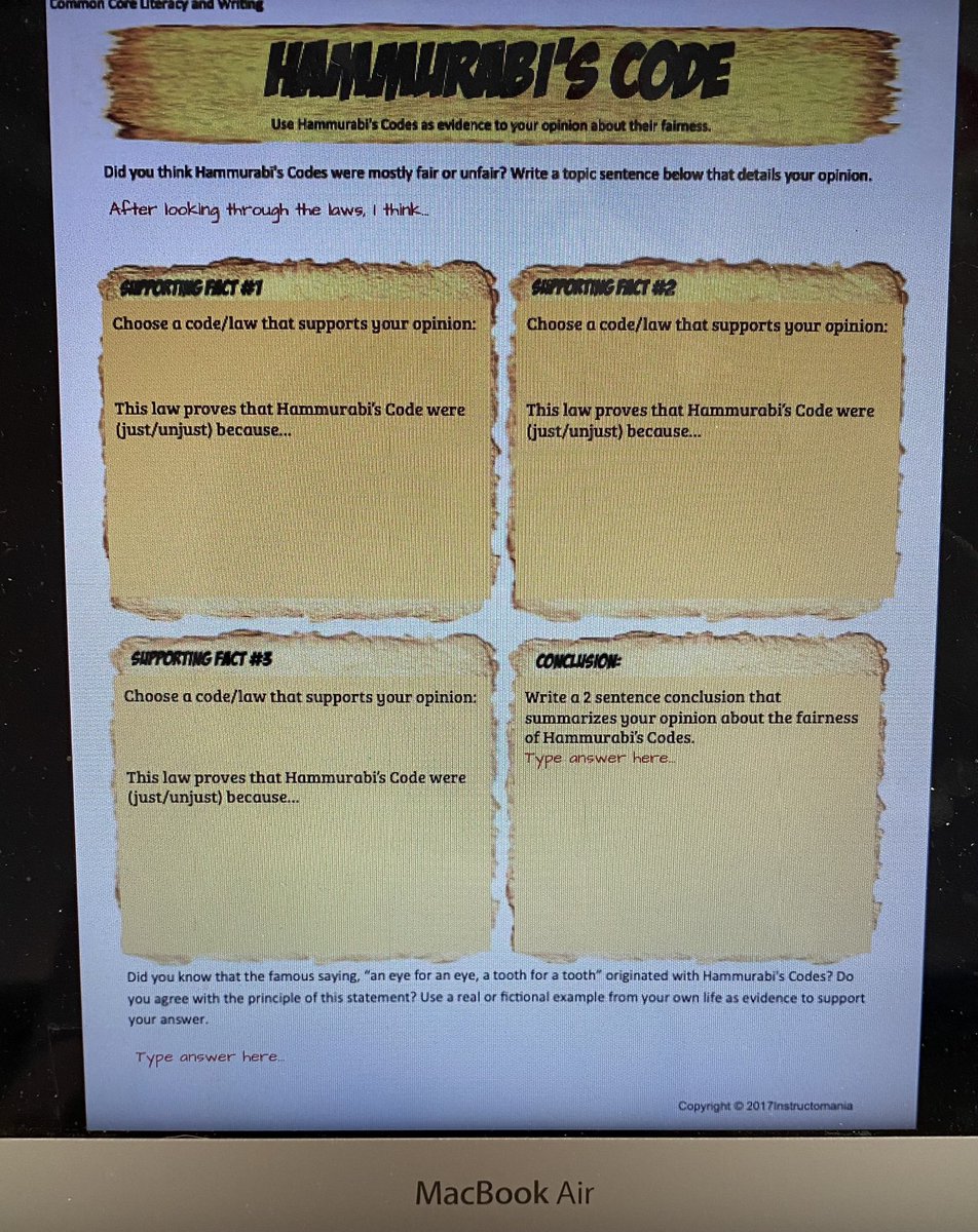Today in SS we debated whether laws in Hammurabi’s Code were fair or unfair. Ss needed to make a claim, find evidence and explain their thought process using a graphic organizer as a guide #CriticalThinking #ClaimsReasonsEvidence <a href="/SocStudiesHTPS/">Mike Harvey</a> <a href="/HowellTwpMSN/">Howell MS North</a>
