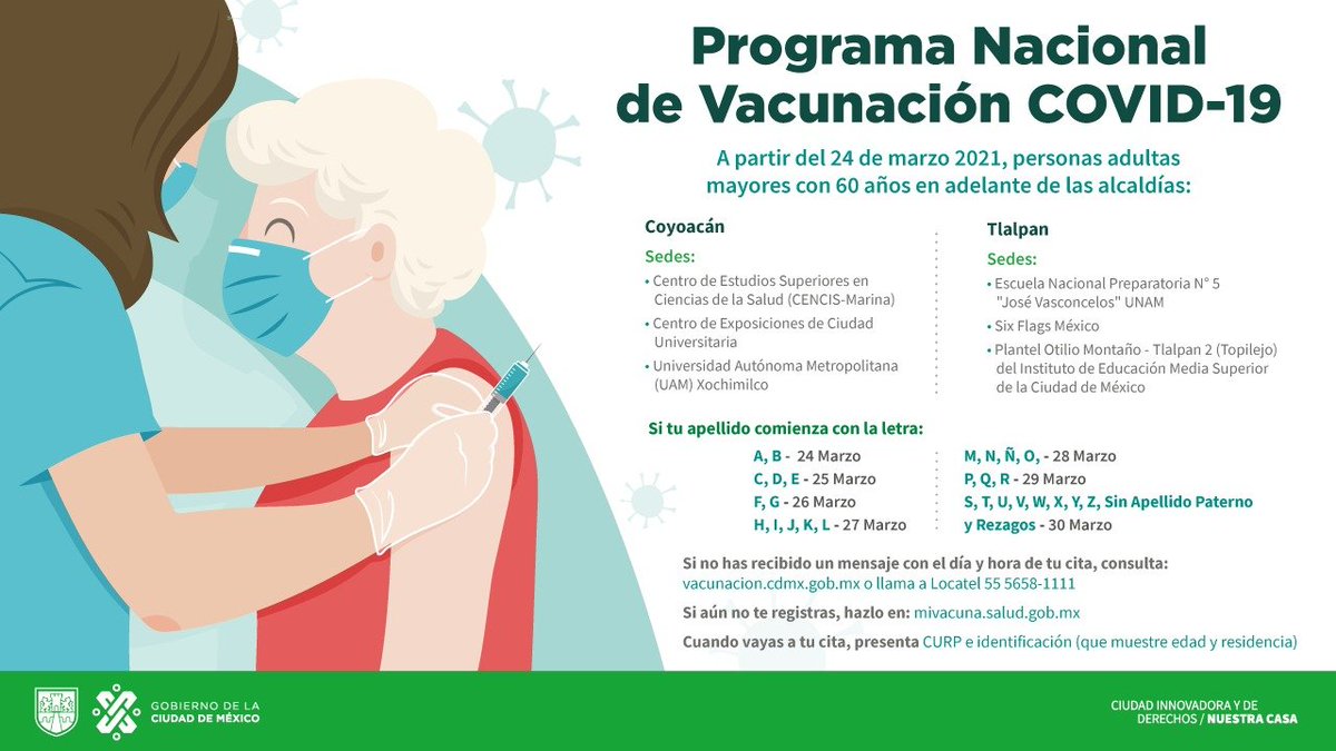 GobCDMX's tweet photo. Anunciamos que en coordinación con @GobiernoMX, a partir del miércoles 24 de marzo iniciaremos el Programa de Vacunación contra #COVID19 para personas adultas mayores 👴👵en @Alcaldia_Coy y @TlalpanAl.

Consulta hora, día y sede:  https://t.co/MF44VDLf1r

#NoEsNecesarioHacerFila https://t.co/CpZESQ7SFT