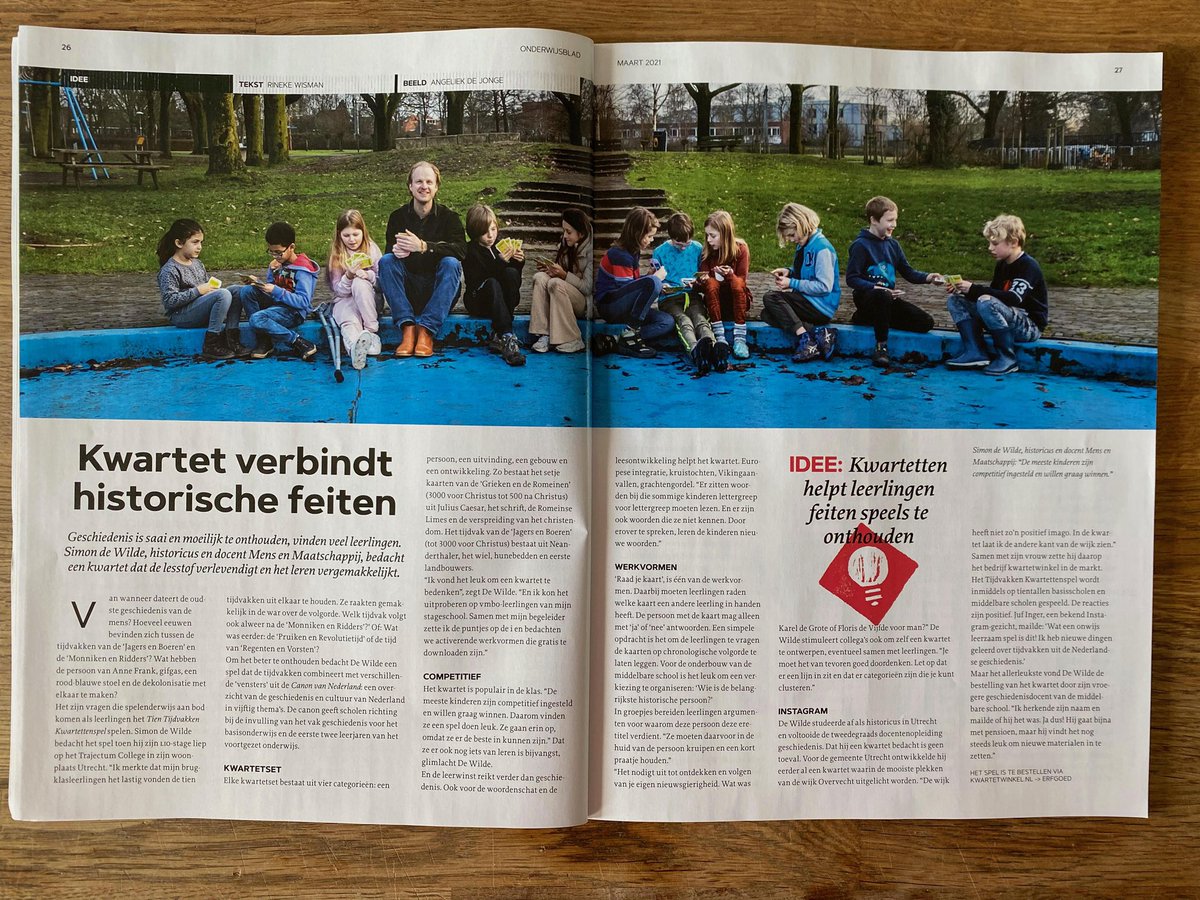 Het Tien Tijdvakkenkwartetspel brengt elke geschiedenisles tot leven. Het <a href="/Onderwijsblad/">Onderwijsblad AOb</a> van vakbond <a href="/AObtweets/">AOb</a> portretteerde Kwartetwinkel. Leuk is dat op de foto kinderen uit de Operabuurt in #overvecht het spel spelen. Bestel het spel op Kwartetwinkel.nl