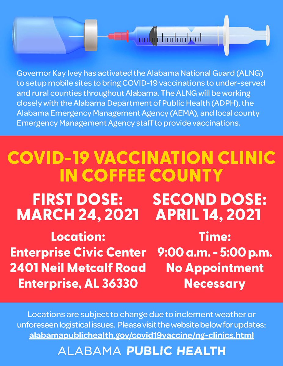 CityofElba's tweet photo. ❗❗ATTENTION❗❗
#COVID19 Vaccination Clinic.
👩‍⚕️👨‍⚕️🏥🩺
MARCH 24th 🗓️ https://t.co/gwptn3UOVJ
