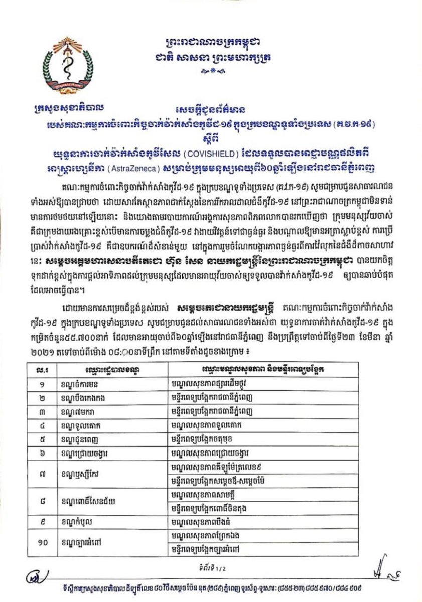 RyBorom's tweet photo. Vaccination campaign for Phnom Penh residents aged 60 and over will start on March 23 from 8:00 morning. #Covid19KH https://t.co/TN2C45mLC7