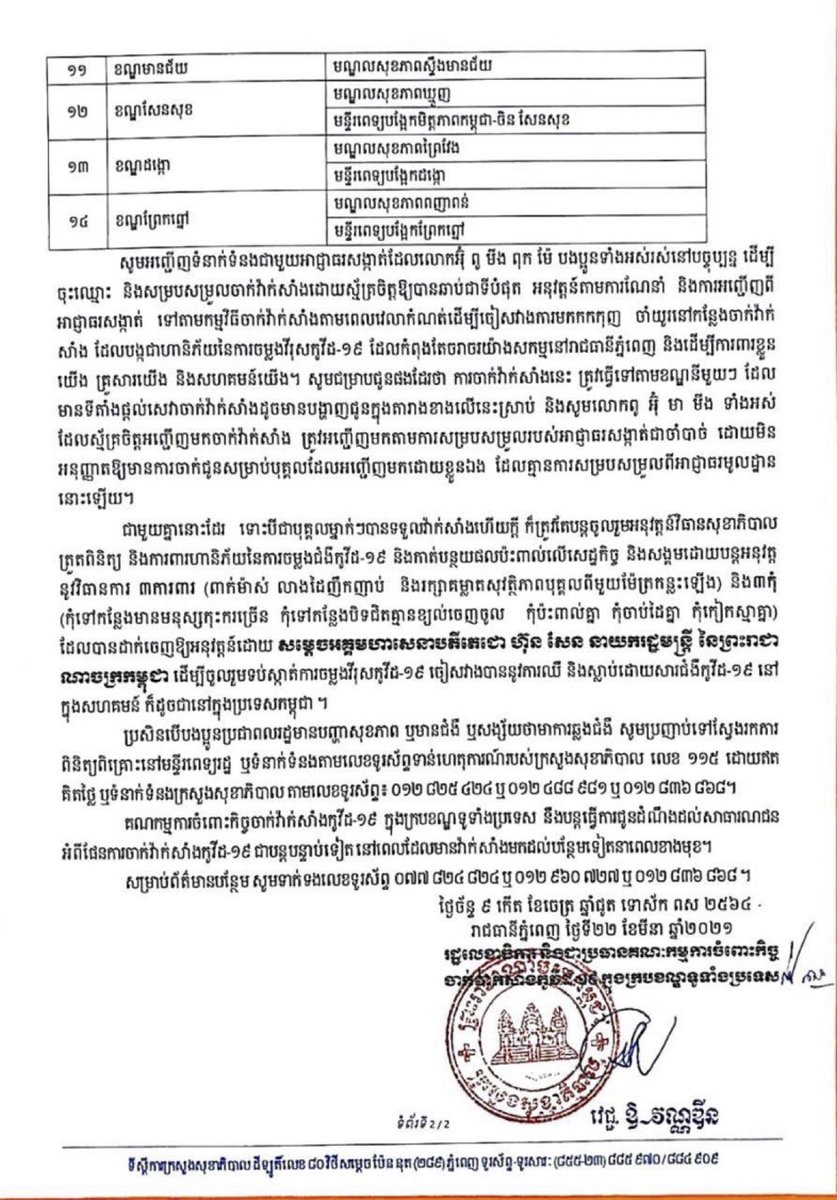 RyBorom's tweet photo. Vaccination campaign for Phnom Penh residents aged 60 and over will start on March 23 from 8:00 morning. #Covid19KH https://t.co/TN2C45mLC7