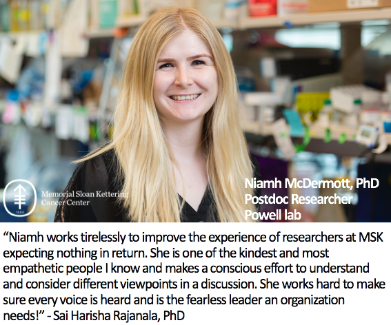 MSKEducation's tweet photo. In the last 2 weeks of #WomansHistoryMonth, we will feature #WomenInSTEM in our labs with quotes submitted by their colleagues. 

Today, we start with Niamh McDermott, PhD, former @MSKPDA president. https://t.co/zt2QFSg92i