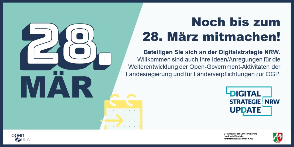 ⚠️Nur noch bis Sonntag, 28.3.: Online-Beteiligung zur Fortschreibung der #DigitalstrategieNRW 🖱️Bringen Sie Ihre Ideen, Änderungen, Ergänzungen oder Anmerkungen ein unter digitalstrategie.nrw #digitaldurchstarten #vorwärtskommen #opennrw #opengovernment #ogp #nap #update #nrw
