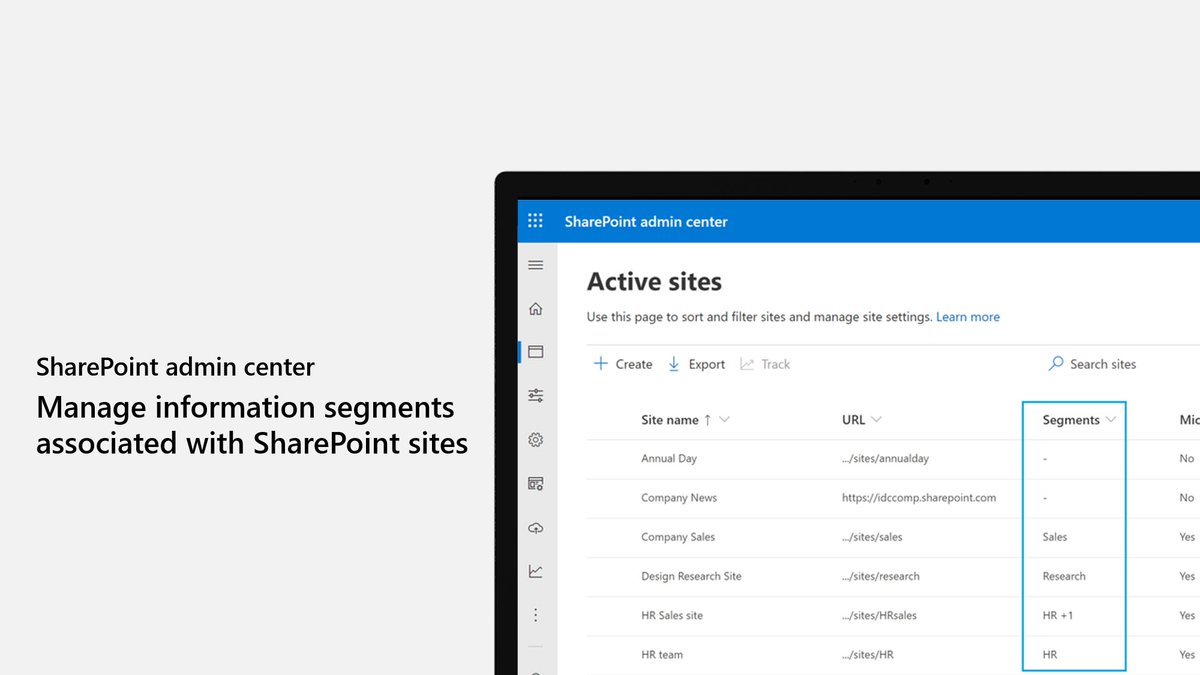 SharePoint's tweet photo. Administrators can now manage information segments associated with the sites right within #SharePoint admin center. Learn more: https://t.co/gBRHF8dv8V https://t.co/jtSYHJd5BM
