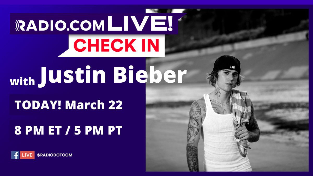 Audacy's tweet photo. Are you ready for our #RDCxCheckIn with @justinbieber? He'll be talking all about his new album #Justice with @theradiohag tonight at 8 PM ET on our Facebook Live 🏍️ https://t.co/LCzYNiu5SS