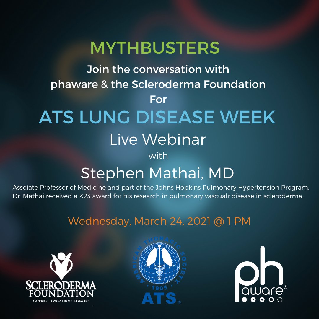 phaware's tweet image. Knowledge is Power. We invite you to join the conversation with #phaware and #sclerodermafoundation for a special Webinar with Dr. Stephen Mathai of Johns Hopkins hosted by the American Thoracic Society. Register at: register.gotowebinar.com/register/16534…