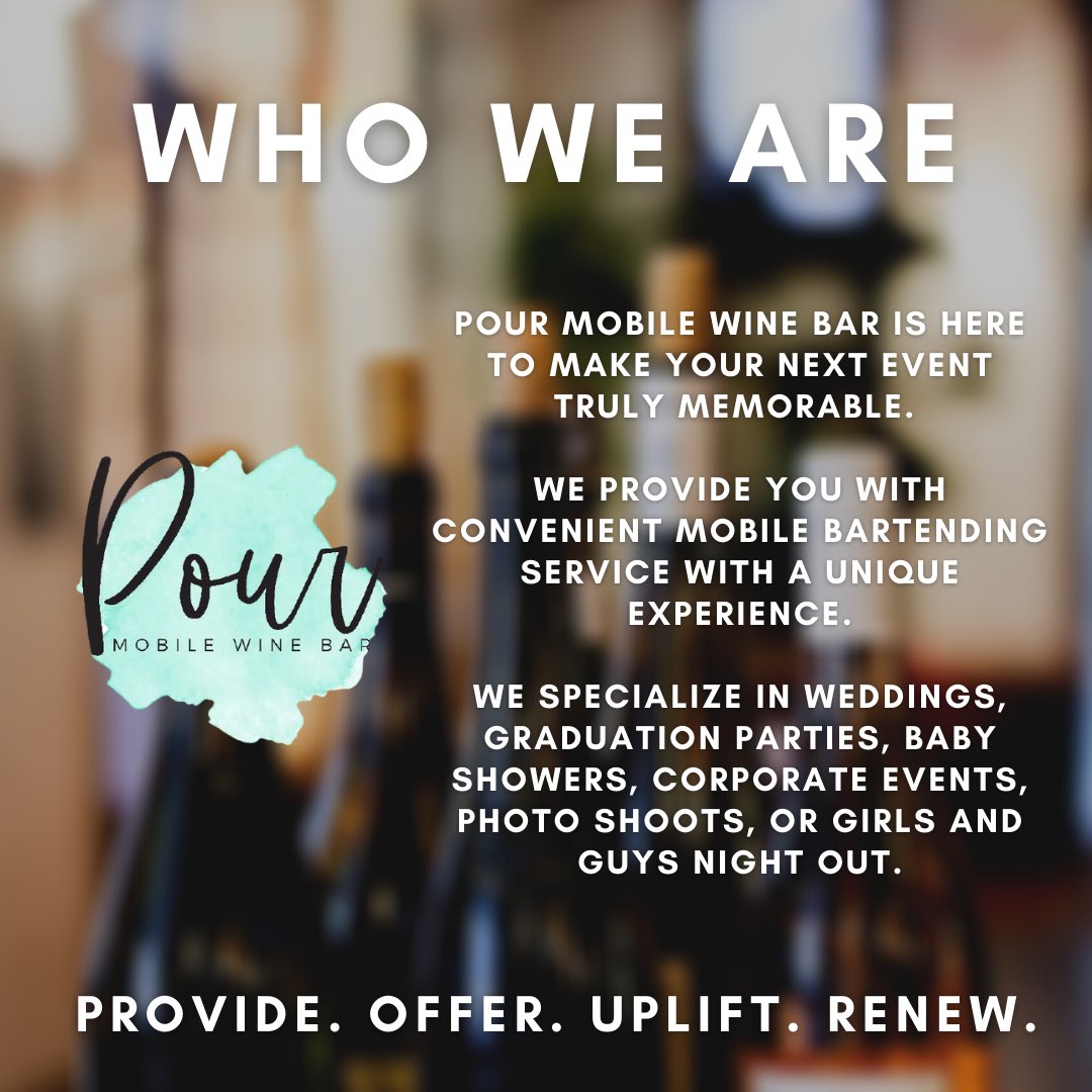 Welcome to the home of POUR, Cincinnati’s premium mobile wine bar experience! We're super excited to be bringing a convenient mobile bartending service with a unique experience to Cincinnati and the surrounding areas!

Come check us out at our website - pourmobilewinebar.com