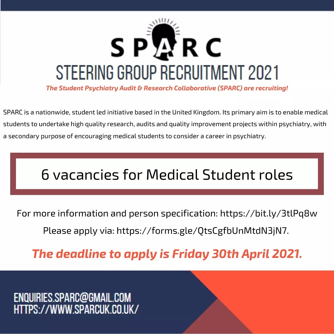 We are recruiting!
This role is suitable for current UK medical students.
For more information and person specification: bit.ly/3tlPq8w
Please apply via: forms.gle/QtsCgfbUnMtdN3…. 
DEADLINE 30 APRIL!
#SPARCUK
