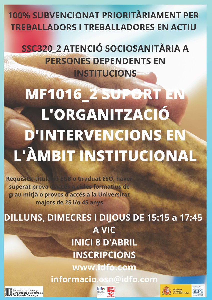 Aconsegueix un dels Certificats de Professionalitat amb més demanda laboral!! Places limitades!!
#IDFOformacio #cursossubvencionats