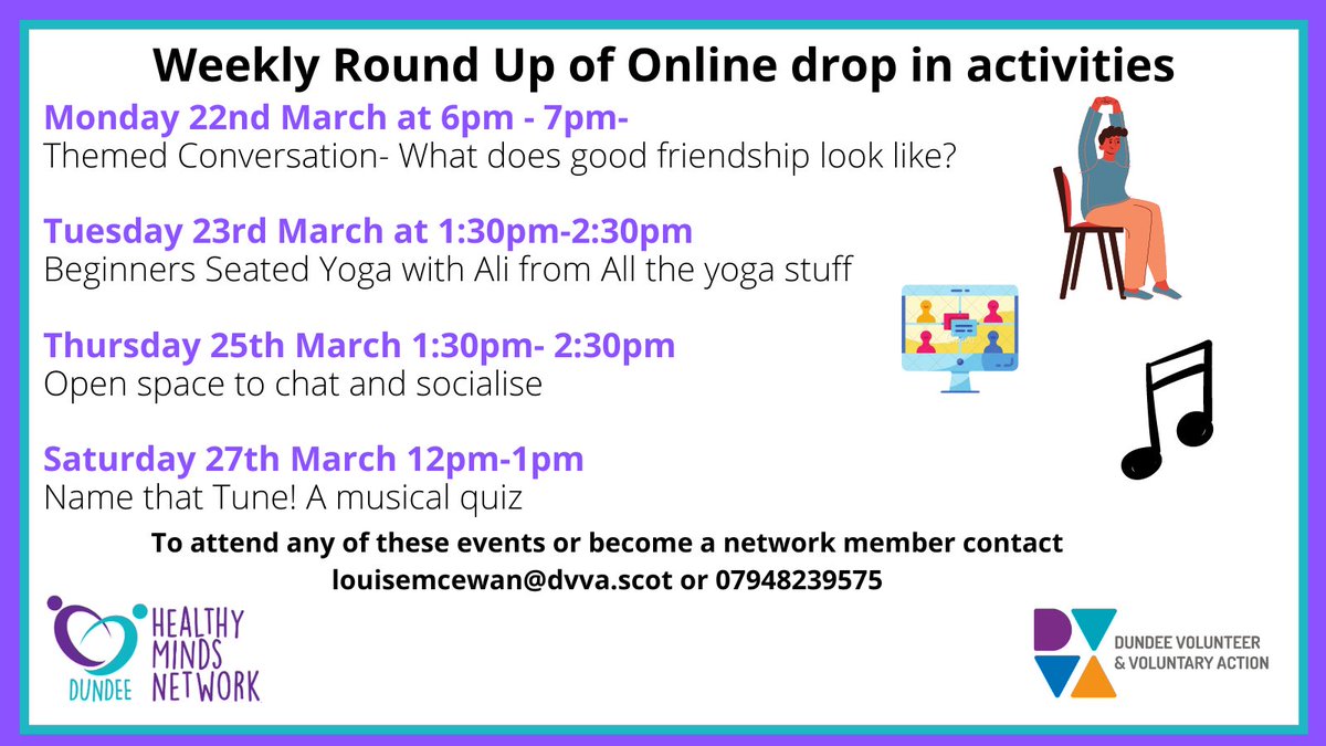 Here is the weekly round up of the events that are taking place at the online drop ins this week. I am looking forward to the week and trying out new things together. #MentalHealth #Dundee