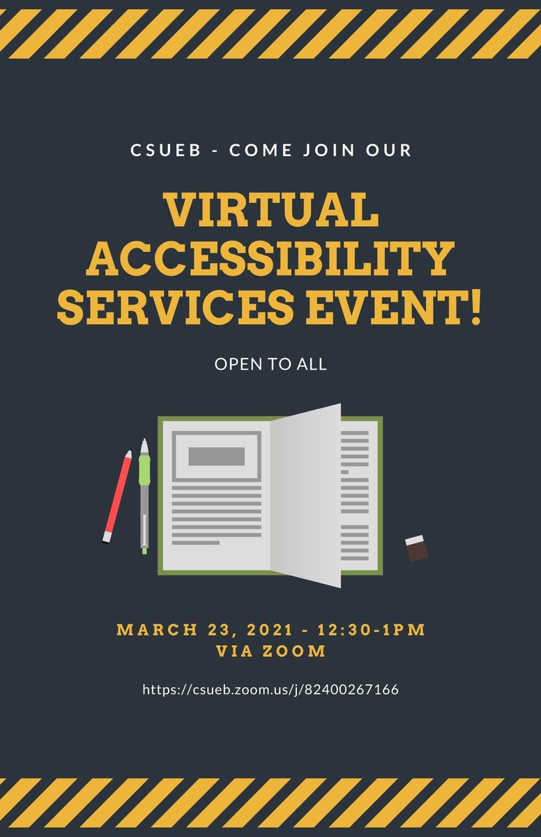 CsuebSvo's tweet photo. Have you developed a disability during the COVID-19 pandemic? There may be academic accommodations available for you! 
Please join our 30-minute virtual Accessibility Services presentation on March 23, 2021, at 12:30 pm! 
Join Zoom Meeting
https://t.co/CRbC8srxI5 https://t.co/LUOIeN42HE