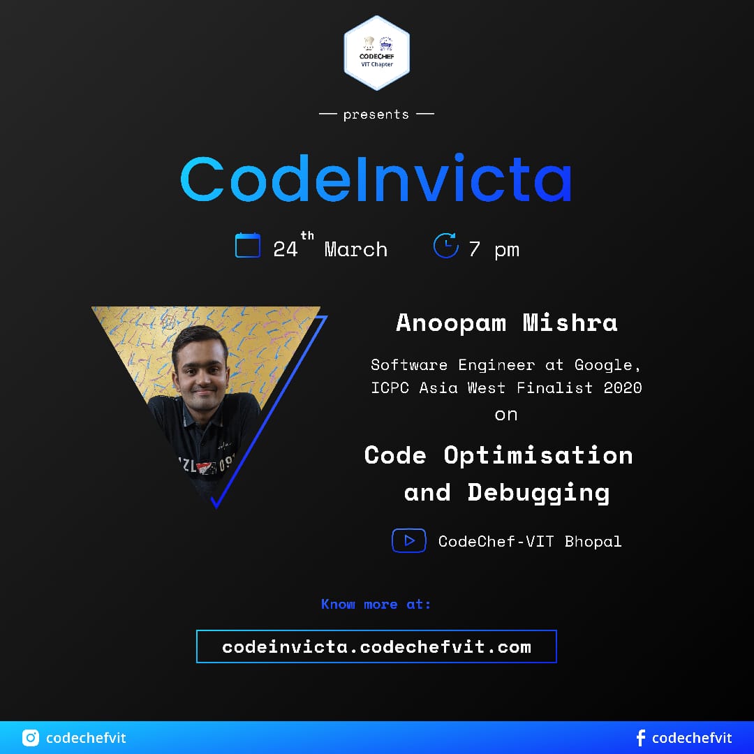 codechefvitb's tweet image. Someone said- “Every problem has a solution. You just have to be creative enough to find it.”

So, that creativity requires guidance and we have right one to help you..Anoopam Mishra, to guide us to get into the world of competitive coding, optimisation and debugging. 

Tune in!