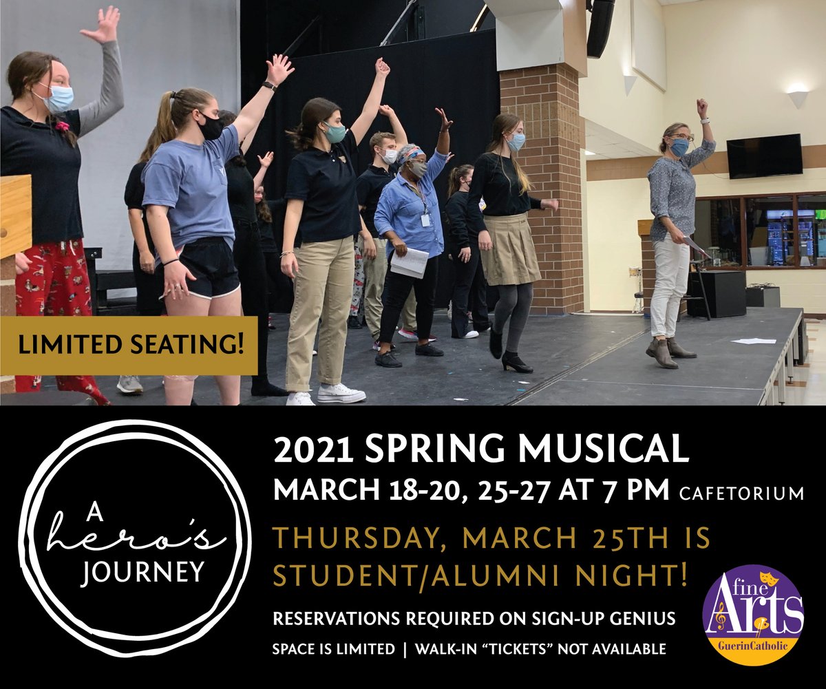 Join us this Thursday, March 25th for Alumni Night during the spring musical, "A Hero's Journey."  Alumni will have special seating and a small reception before the show to mingle with fellow former castmates and directors.  
Reservations:  signupgenius.com/go/10c094babab…
