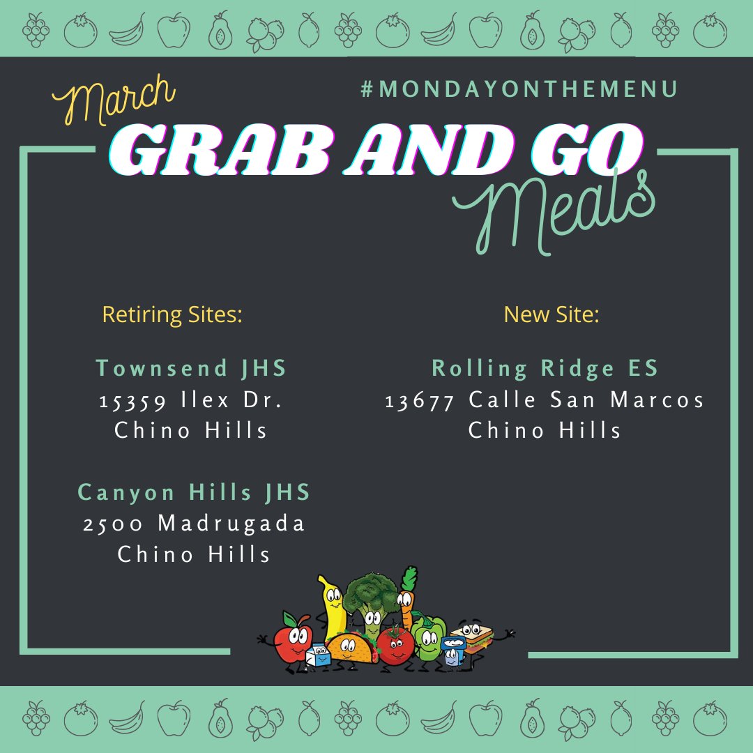 ChinoValleyUSD's tweet photo. It's #MondayontheMenu! #grabandgomeals can now be picked up at #rollingridgeelementary. W/kitchen modernization underway at @Townsend_JHS & #canyonhillsjhs, these 2 locations are no longer available for Grab&Go pickup. To learn more about locations, visit https://t.co/goftiJqx7R https://t.co/MhbuGoZ4oh